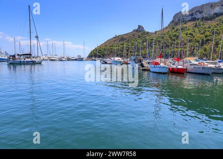 Poetto Beach in Sardinia, Italy: view of Marina Piccola, the tourist port of Cagliari. Stock Photo