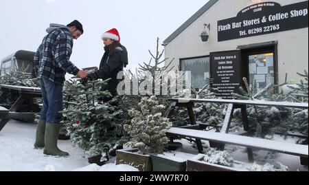 16/11/11.  ..Lynsay Jackson, 33, sells Christmas trees in the snow with her lurcher Ty, 11, at Flash Bar Stores and Coffee Shop, Britian's highest vil Stock Photo