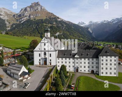 Drone view at a the convent of Engelberg on the Swiss alps Stock Photo ...