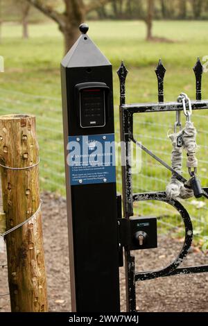 Bathurst Family Estate. New entrance keypad for the start of charging to enter. Cirencester entry Annual Pass or Ticket scanner . Protests Stock Photo