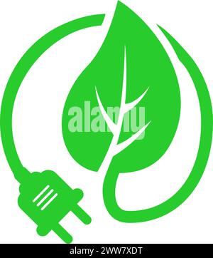 Green energy icon in the form of a wire with a plug socket and a leaf as a renewable energy concept Stock Vector