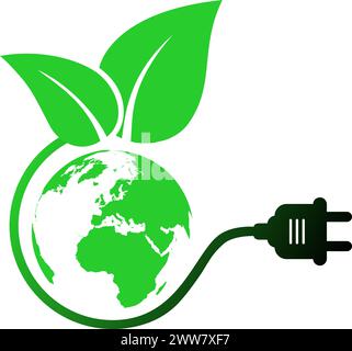Green energy icon in the form of a wire with a plug socket and a leaf and planet Earth as a renewable energy concept Stock Vector