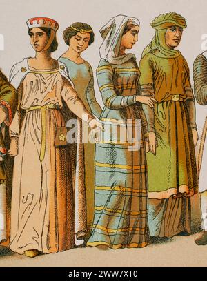 History of France, 1100. Noble ladies. Chromolithography. 'Historia Universal', by César Cantú. Volume V, 1884. Stock Photo