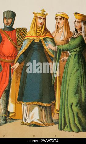 Normans, 1000-1100. From left to right, 14: knight, 15: queen, 16-17: noble ladies. Chromolithography. 'Historia Universal', by César Cantú. Volume V, 1884. Stock Photo