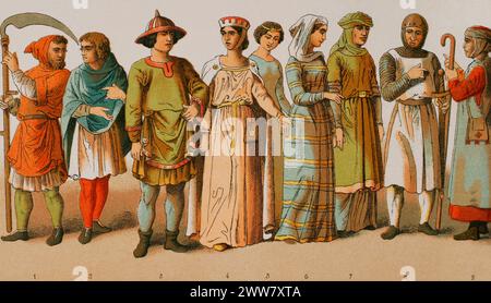 History of France, 1100. From left to right, 1-2: ploughmen, 3: nobleman, 4-5-6-7: noble ladies, 8: warrior, 9: pilgrim. Chromolithography. 'Historia Universal', by César Cantú. Volume V, 1884. Stock Photo