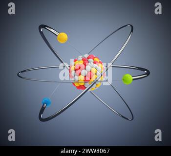 Atom model with orbital electrons isolated on gray background. 3D illustration. Stock Photo