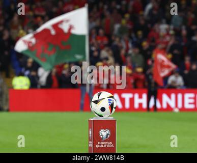 Cardiff, UK. 21st Mar, 2024. The match ball before the UEFA European Championship Qualifying match at the Cardiff City Stadium, Cardiff. Picture credit should read: Simon Bellis/Sportimage Credit: Sportimage Ltd/Alamy Live News Stock Photo