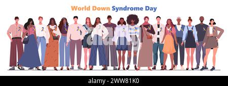 World Down Syndrome Day banner. Multiethnic men and women stand together with a yellow blue ribbons. Stock Photo