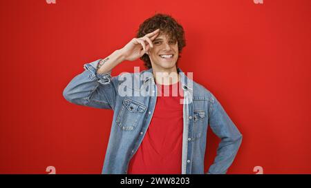 A cheerful young hispanic man with a beard and curly hair salutes playfully against a vibrant red background, portraying casual confidence. Stock Photo