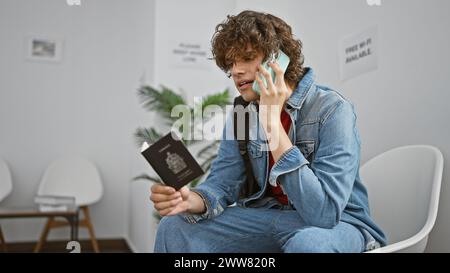 Hispanic man with curly hair talking on phone holding passport in modern indoor lobby Stock Photo