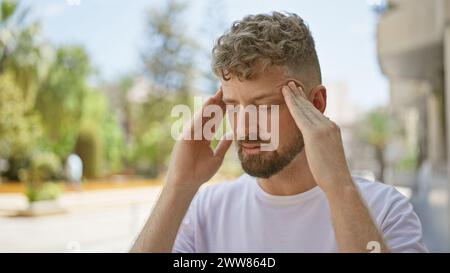 A stressed young man with a beard and blue eyes is showing signs of headache on a sunny urban street Stock Photo