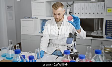 Bearded young man examines synthetic meat in modern laboratory setting Stock Photo