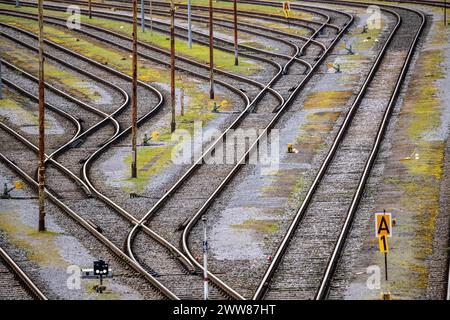 Gleisanlagen, Rangiergleise, Abstellgleise, Abzweige, dem Rangierbahnhof Mülheim-Styrum, an der Bahnstrecke zwischen Mülheim an der Ruhr, und Duisburg, Eisenbahntrasse, für Nah- und Fernverkehr, Güterverkehr, NRW, Deutschland, Bahnanlage *** Track systems, shunting tracks, sidings, branches, the Mülheim Styrum shunting yard, on the railroad line between Mülheim an der Ruhr, and Duisburg, railroad line, for local and long-distance traffic, freight traffic, NRW, Germany, railroad system Stock Photo