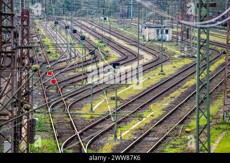 Gleisanlagen, Rangiergleise, Abstellgleise, Abzweige, dem Rangierbahnhof Mülheim-Styrum, an der Bahnstrecke zwischen Mülheim an der Ruhr, und Duisburg, Eisenbahntrasse, für Nah- und Fernverkehr, Güterverkehr, NRW, Deutschland, Bahnanlage *** Track systems, shunting tracks, sidings, branches, the Mülheim Styrum shunting yard, on the railroad line between Mülheim an der Ruhr, and Duisburg, railroad line, for local and long-distance traffic, freight traffic, NRW, Germany, railroad system Stock Photo