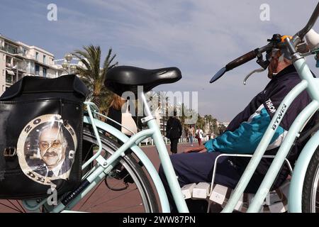 © Francois Glories/MAXPPP - 21/03/2024 René, a retired citizen of Nice, nostalgic for the former Mayor of Nice, Jacques Medecin (1928-1998 in Punta del Este, Mayor of Nice from 1966 to 1990, President of the Alpes-Maritimes General Council from 1973 to 1990, Member of Parliament from 1967 to 1988, and Secretary of State for Tourism from 1976 to 1978 in the Chirac governments). Credit: MAXPPP/Alamy Live News Stock Photo