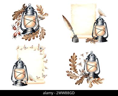 Vintage set of compositions with lantern, parchment paper sheets, inkwell with feather pen, butterflies, moths and oak leaves. Watercolor hand drawn i Stock Photo