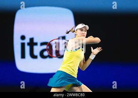 MIAMI GARDENS, FLORIDA - MARCH 21: Elena Rybakina of Kazakhstan in action against Clara Tauson of Denmark in the second round on Day 6 of the Miami Open Presented by Itau at Hard Rock Stadium on March 21, 2024 in Miami Gardens, Florida. (Photo by Mauricio Paiz) Stock Photo