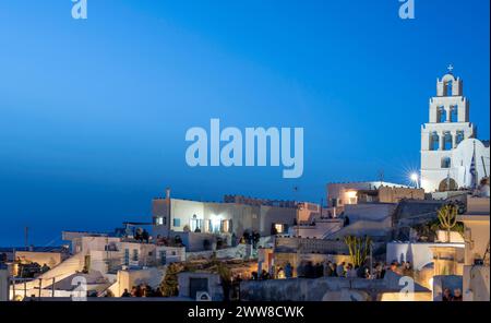 Blue hour at Pyrgos Kallistis, an old, traditional village in Santorini island, Greece, during the Good Friday festivities. Stock Photo