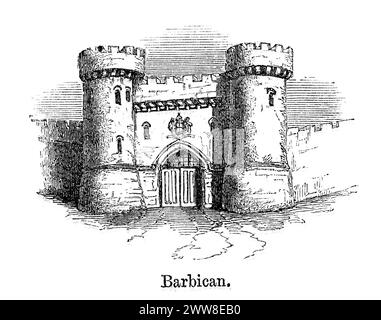 Vintage engraving showing a Barbican, a fortified outpost or gateway, such as an outer defence to a city or castle, or any tower situated over a gate or bridge which was used for defensive purposes. 1864 Stock Photo