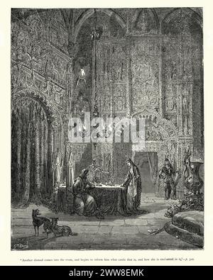 Vintage engraving by Gustave Dore from the story The Ingenious Gentleman Don Quixote of La Mancha by Miguel de Cervantes. Another damsel comes into the room, and begins to inform him what castle that is, and how she is enchanted in to. Stock Photo