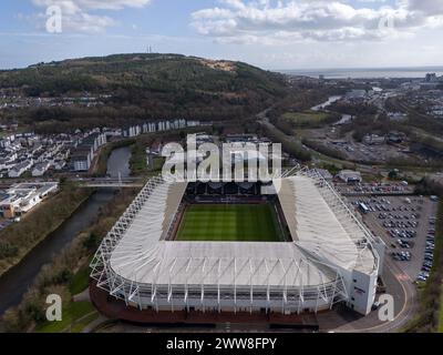 Swansea, UK. 22nd March 2024.   Aerial view of the Swansea.com Stadium in Swansea on 22nd March 2024.   This image may only be used for Editorial purposes. Editorial use only.  Credit: Ashley Crowden/Alamy Live News Stock Photo