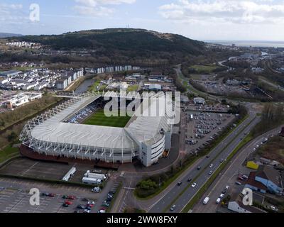 Swansea, UK. 22nd March 2024.   Aerial view of the Swansea.com Stadium in Swansea on 22nd March 2024.   This image may only be used for Editorial purposes. Editorial use only.  Credit: Ashley Crowden/Alamy Live News Stock Photo