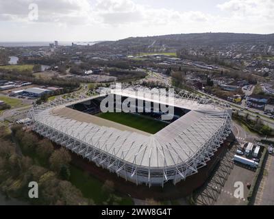 Swansea, UK. 22nd March 2024.   Aerial view of the Swansea.com Stadium in Swansea on 22nd March 2024.   This image may only be used for Editorial purposes. Editorial use only.  Credit: Ashley Crowden/Alamy Live News Stock Photo