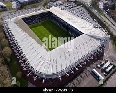 Swansea, UK. 22nd March 2024.   Aerial view of the Swansea.com Stadium in Swansea on 22nd March 2024.   This image may only be used for Editorial purposes. Editorial use only.  Credit: Ashley Crowden/Alamy Live News Stock Photo