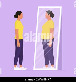 Woman looking at the mirror and seeing herself as overweight: eating disorders and anorexia concept Stock Vector