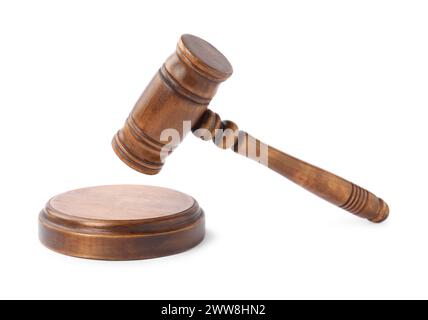 Wooden gavel isolated on white. Small mallet Stock Photo