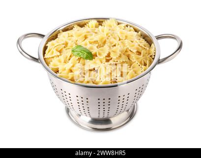 Cooked pasta in metal colander isolated on white Stock Photo