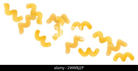 Raw cavatappi pasta falling on white background Stock Photo