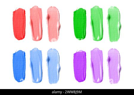Paint strokes of different colors on white background, top view Stock Photo