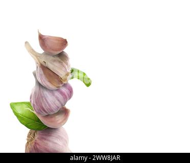 Stacked heads and cloves of garlic and basil leaves on white background, space for text Stock Photo
