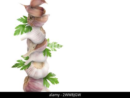 Stacked heads and cloves of garlic and parsley on white background, space for text Stock Photo
