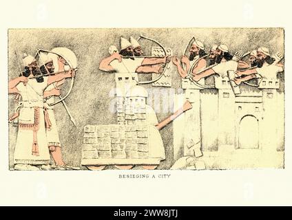 Ancient Assyrians besieging a city, with archers, siege towers and battering ram Stock Photo