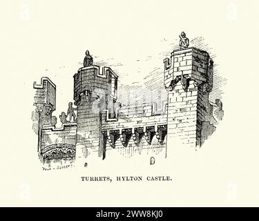 Vintage engraving of Medieval architecture, Turrets, Hylton Castle, Sunderland. A stone castle in the North Hylton area of Sunderland, 14th to early 15th century, Gothic Stock Photo