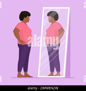 Plus size woman looking at herself in a mirror: body positive and obesity concept Stock Vector