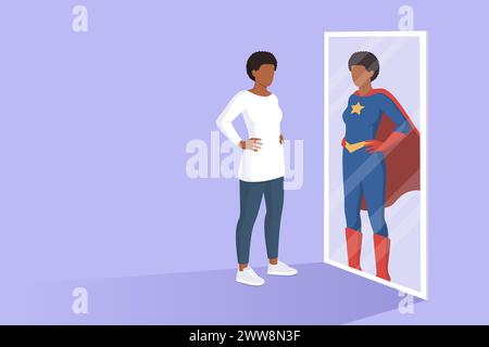 Confident woman looking at a mirror and seeing herself as a superhero, identity and empowerment concept Stock Vector