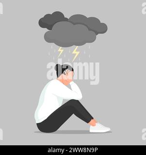 Depressed woman sitting with head in hands and dark clouds over her head, depression and mental health concept Stock Vector