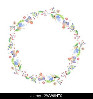 frame, with flowers and beetles, butterflies, summer spring for congratulations, announcements. on a white background Stock Vector