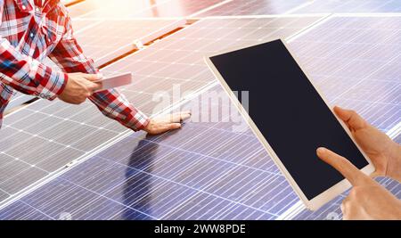 Remote control and monitoring of solar panel operation of efficiency. Stock Photo