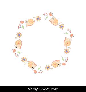 cute frame, with snail and flowers infant, summer spring for congratulations, announcements. on white background vector Stock Vector