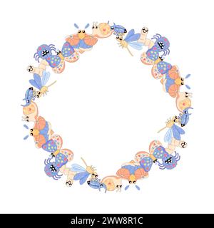 cute frame, with insects, spider, butterfly, moth, dragonfly, summer spring for congratulations, announcements. on a white Stock Vector