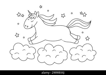 Hand drawn coloring page with a unicorn flying in clouds. Vector illustration Stock Vector