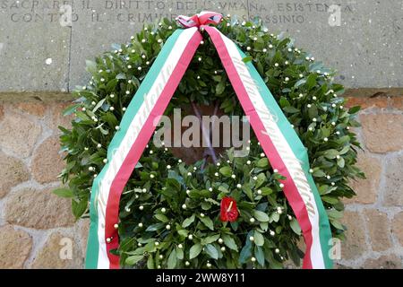 Rome, Italy. 22nd Mar 2024. President of Italian Republic Sergio Mattarella put a laurel wrath in hommage to victims of Nazi-fascism on the Eighty Anniversary of Ardeatine Caves massacre, Rome, Italy, March 22 2024. On March 24 1944 335 civilians and political prisoners were shot dead inside some deep pozzolana caves along via Ardeatina by Nazi troops, in retaliation of the killing by the Italian resistance movement of 33 German soldiers (on the next days, other 9 died). Credit: Sipa USA/Alamy Live News Stock Photo