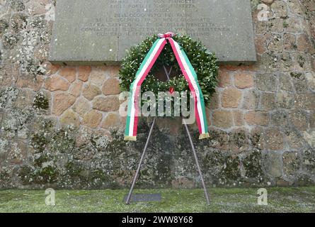 Rome, Italy. 22nd Mar 2024. President of Italian Republic Sergio Mattarella put a laurel wrath in homage to victims of Nazi-fascism on the Eighty Anniversary of Ardeatine Caves massacre, Rome, Italy, March 22 2024. On March 24 1944 335 civilians and political prisoners were shot dead inside some deep pozzolana caves along via Ardeatina by Nazi troops, in retaliation of the killing by the Italian resistance movement of 33 German soldiers (on the next days, other 9 died). Credit: Sipa USA/Alamy Live News Stock Photo