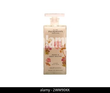 Mansfield,Nottingham,United Kingdom,22nd March 2024:Studio product image of a Pecksniffs Peony and Sweet William bath soak. Stock Photo