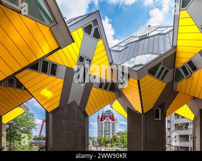 Rotterdam, the Netherlands - July 18, 2023: Yellow cube houses in Rotterdam at the Old Harbor. Stock Photo