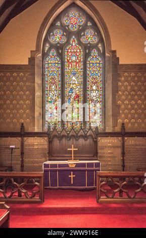 The East stained glass window of St John the Evangelist, Langcliffe, Yorkshire Dales, North Yorkshire, Stock Photo
